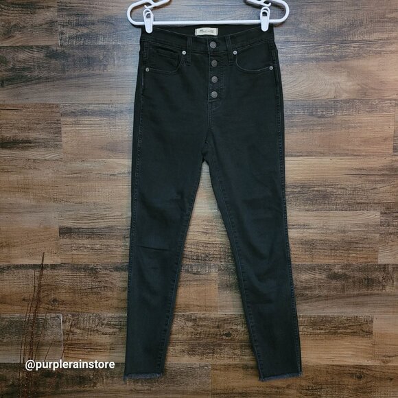 Madewell Jeans 26 Button Fly 10" Hi Rise Skinny Tummy Control Black Wash Denim - Picture 1 of 11